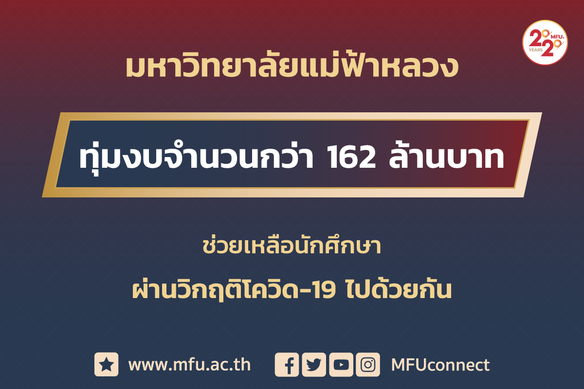 มหาวิทยาลัยแม่ฟ้าหลวง ทุ่มงบจำนวนกว่า 162 ล้านบาท ช่วยเหลือนักศึกษาผ่านวิกฤติโควิด-19 ไปด้วยกัน